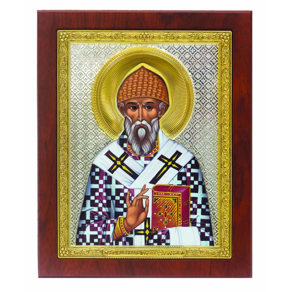 Άγιος Σπυρίδωνας,  ορθ, ανοιχτό πρόσωπο και μανδύας, 14,5 Χ 17,6 εκ, σε ξύλινη βάση