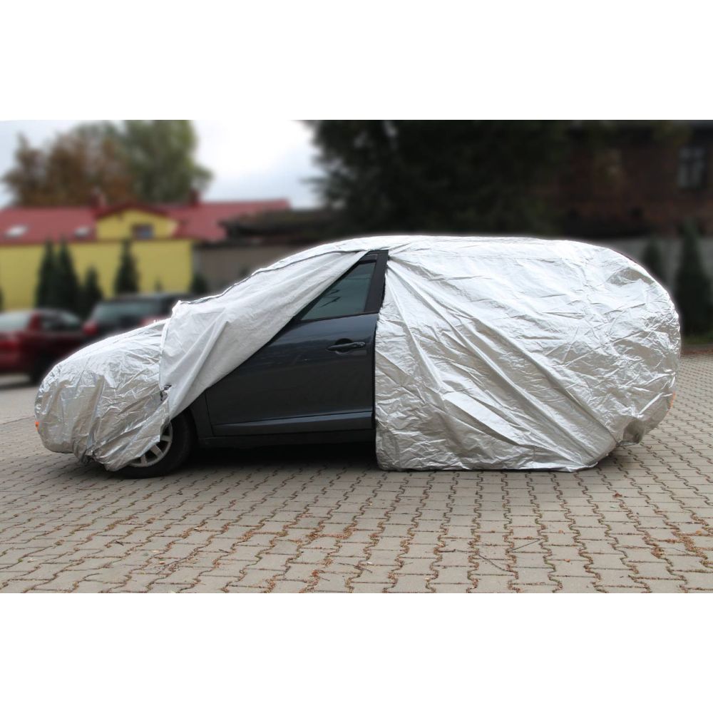 Amio - Κουκούλα Αυτοκινήτου Cotton 120g με φερμουάρ διάσταση 480 x 185 x 145 cm χρώμα ασημί μέγεθος SUV/Van Large για Επιβατικά Αυτοκίνητα - 1 τεμ. (01113/AM)