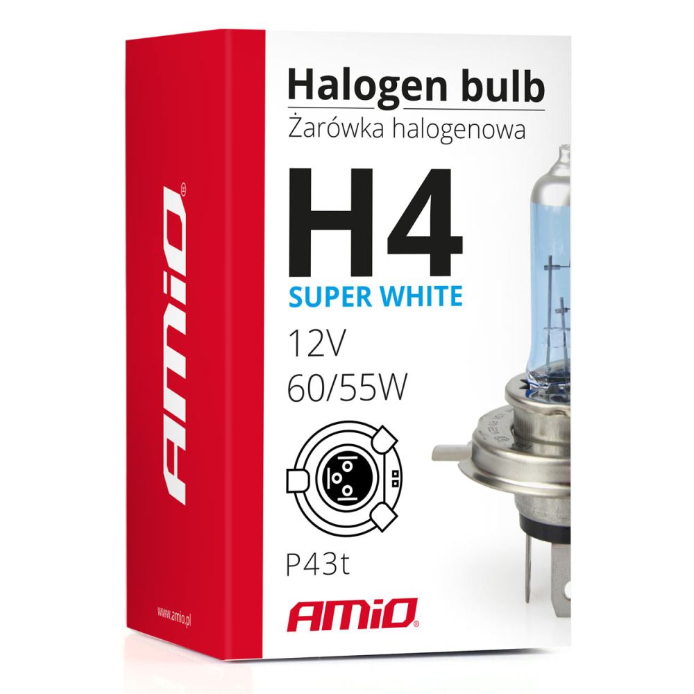 Amio - Λάμπα Τύπου H4 Αλογόνου Τάση Λειτουργίας 12V Απόδοση 60/55W Τύπος Βάσης P43t SUPERWHITE για Φώτα Αυτοκινήτου – 1 τεμ. (01269/AM)