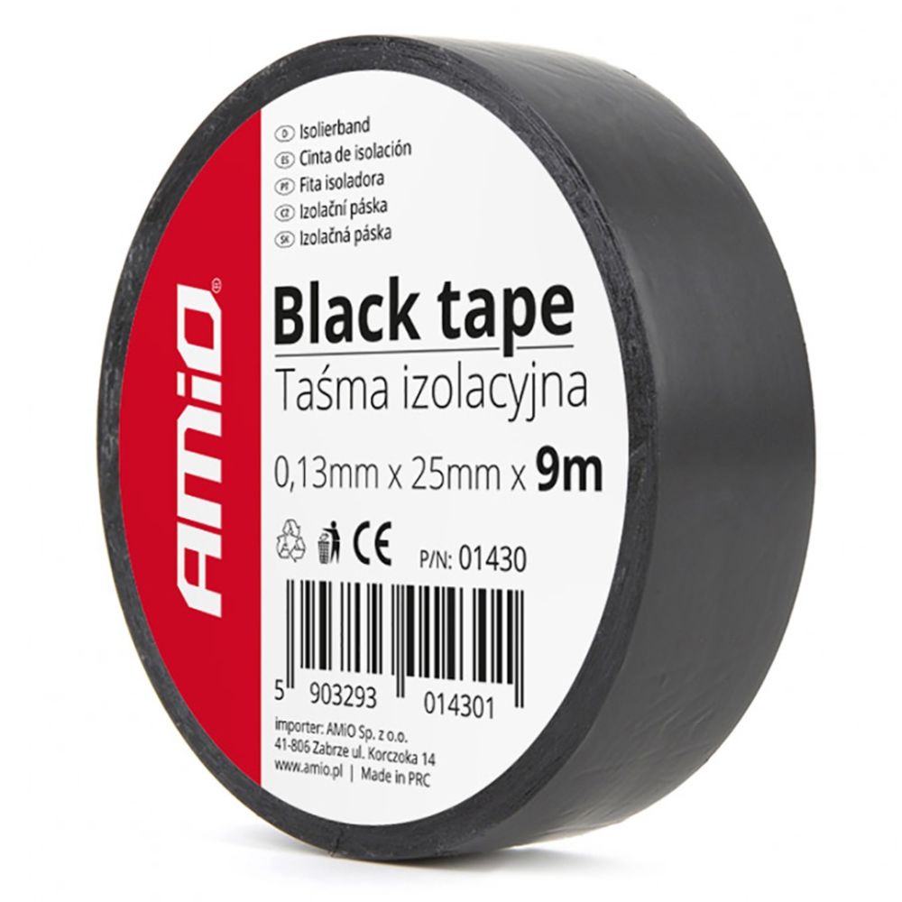 Amio – Μονωτική Ταινία Μαύρη PVC 25mm x 9m για Ηλεκτρικές Εγκαταστάσεις Αυτοκινήτου – 1 Τεμ. (01430/AM)