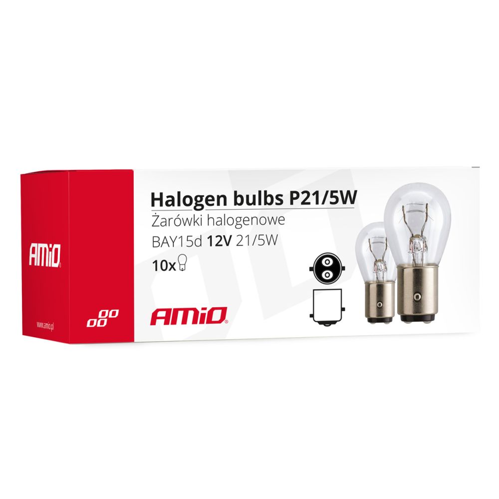 Amio – Λαμπτήρες Αλογόνου P21/5W BAY15d 12V 21/5W Διπολικοί για Φώτα Στοπ και Θέσης Αυτοκινήτου – Κουτί 10 Τεμ. (01488/AM)