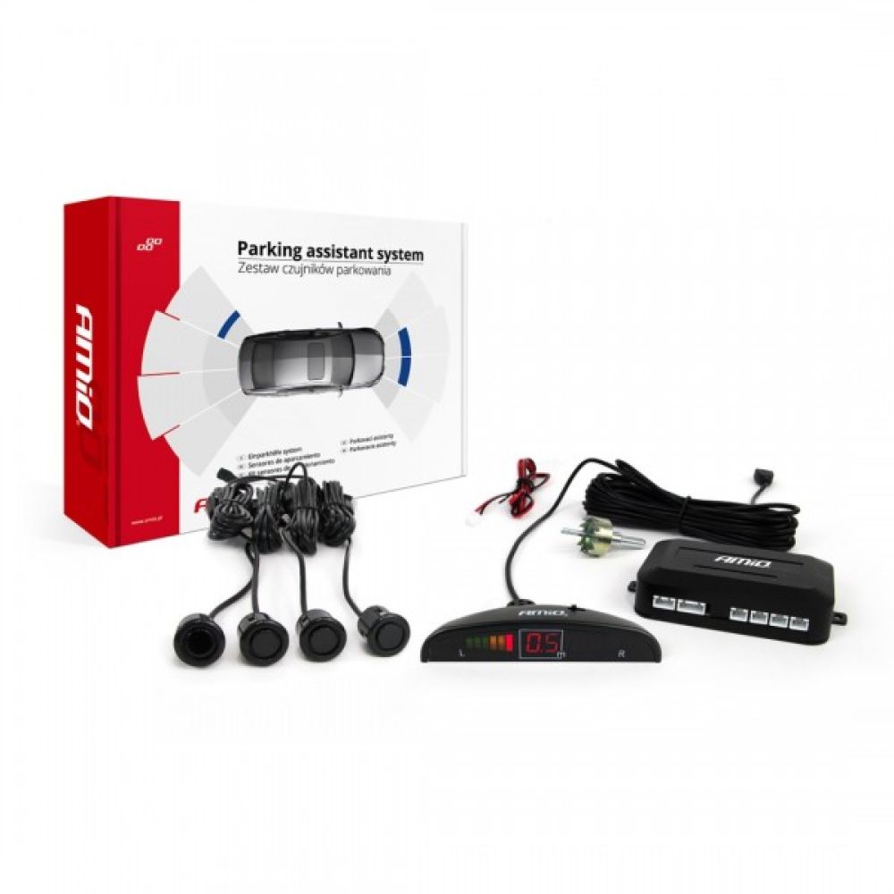 Amio – Σύστημα Παρκαρίσματος 12V Σειρά GOLD με 4 Αισθητήρες Μαύρους 18mm & Οθόνη LED για Διακριτική Εγκατάσταση & Ασφαλές Παρκάρισμα – 1 Τεμ. (01577/AM)