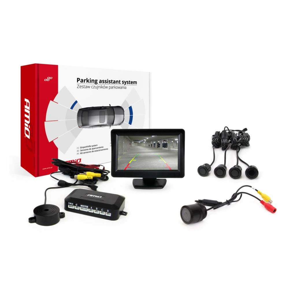 Amio – Σύστημα Παρκαρίσματος 12V Σειρά GOLD με 4 Αισθητήρες Μαύρους 18mm, Κάμερα HD-301 & Οθόνη TFT01 για Διακριτική Εγκατάσταση & Ασφαλές Παρκάρισμα – 1 Τεμ. (01580/AM)