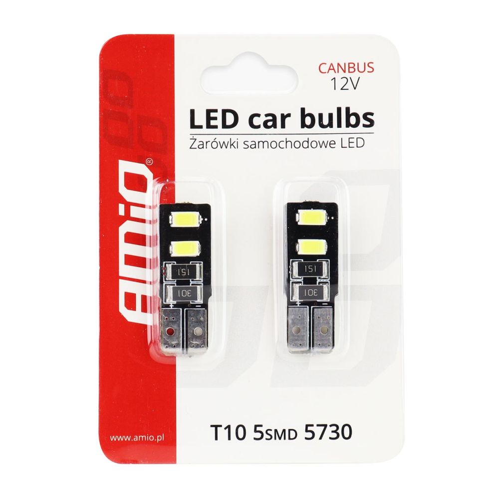 Amio – Λαμπάκια LED T10 W5W 12V 2W 5600K 4xSMD 5730 CANBUS Καρφωτά για Ισχυρό Λευκό Φωτισμό χωρίς Σφάλματα – Σετ 2 Τεμ. (01630/AM)