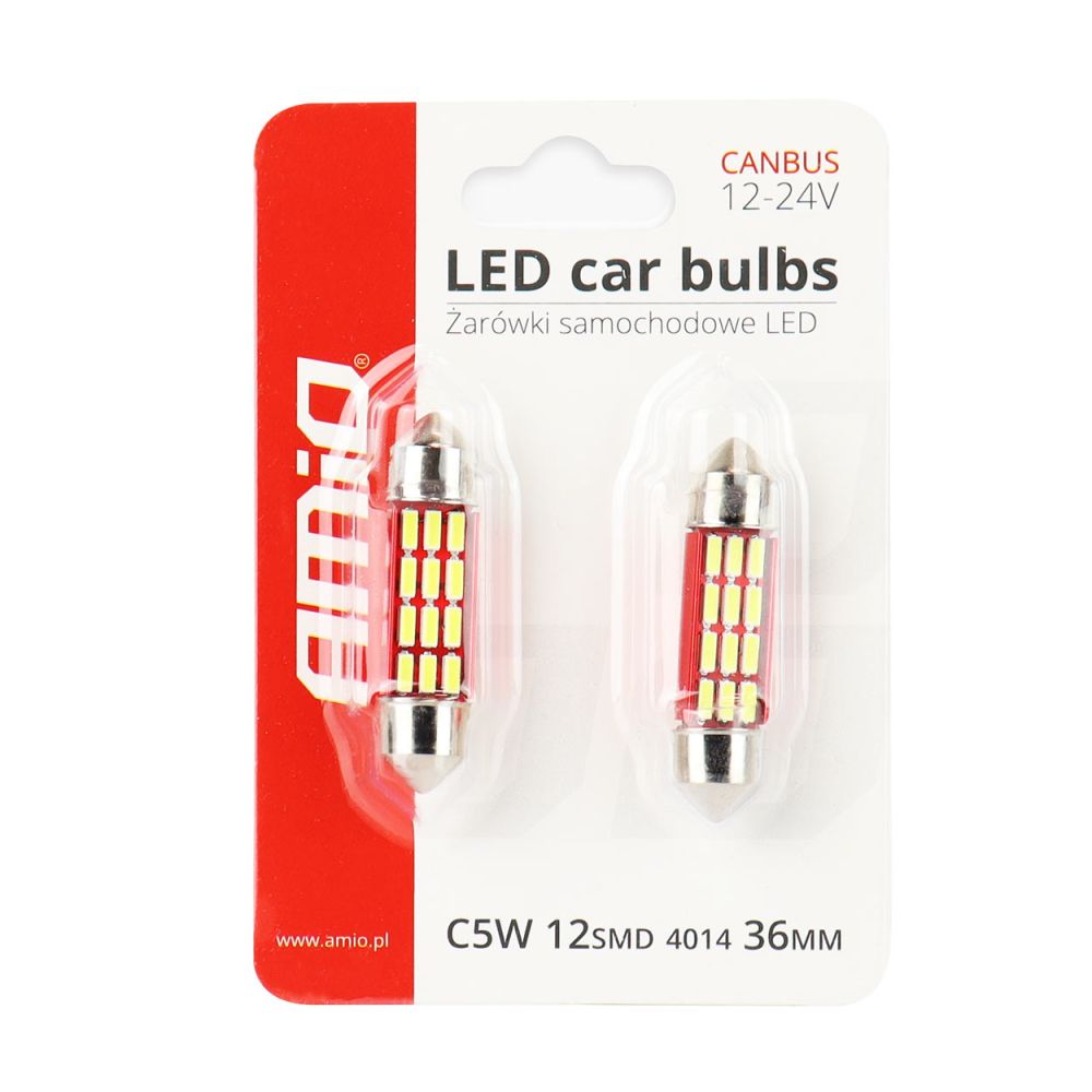 Amio – Λαμπάκια Πλαφονιέρας LED 36mm C5W C10W 12/24V 2W 5600K 12xSMD 4014 CANBUS για Καθαρό Φωτισμό Εσωτερικού – Σετ 2 Τεμ. (01632/AM)