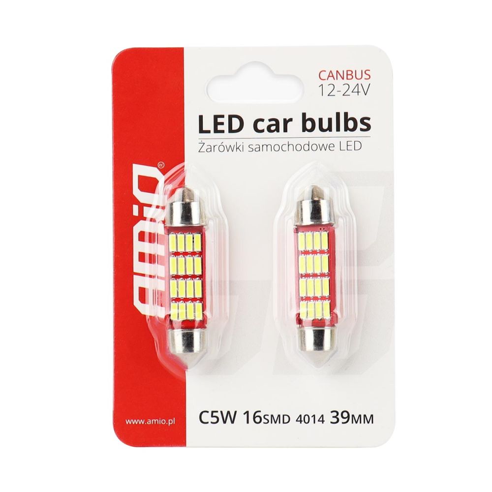 Amio – Λαμπάκια Πλαφονιέρας LED 39mm C5W C10W 12/24V 2.2W 5600K 14xSMD 4014 CANBUS για Ισχυρό Φωτισμό Εσωτερικού – Σετ 2 Τεμ. (01633/AM)