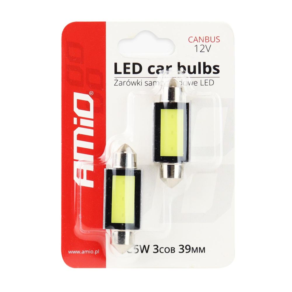 Amio – Λαμπάκια Πλαφονιέρας LED 39mm C5W C10W 12V 2.4W 5600K 3xCOB CANBUS για Ισχυρό Ομοιόμορφο Φωτισμό Εσωτερικού – Σετ 2 Τεμ. (01640/AM)