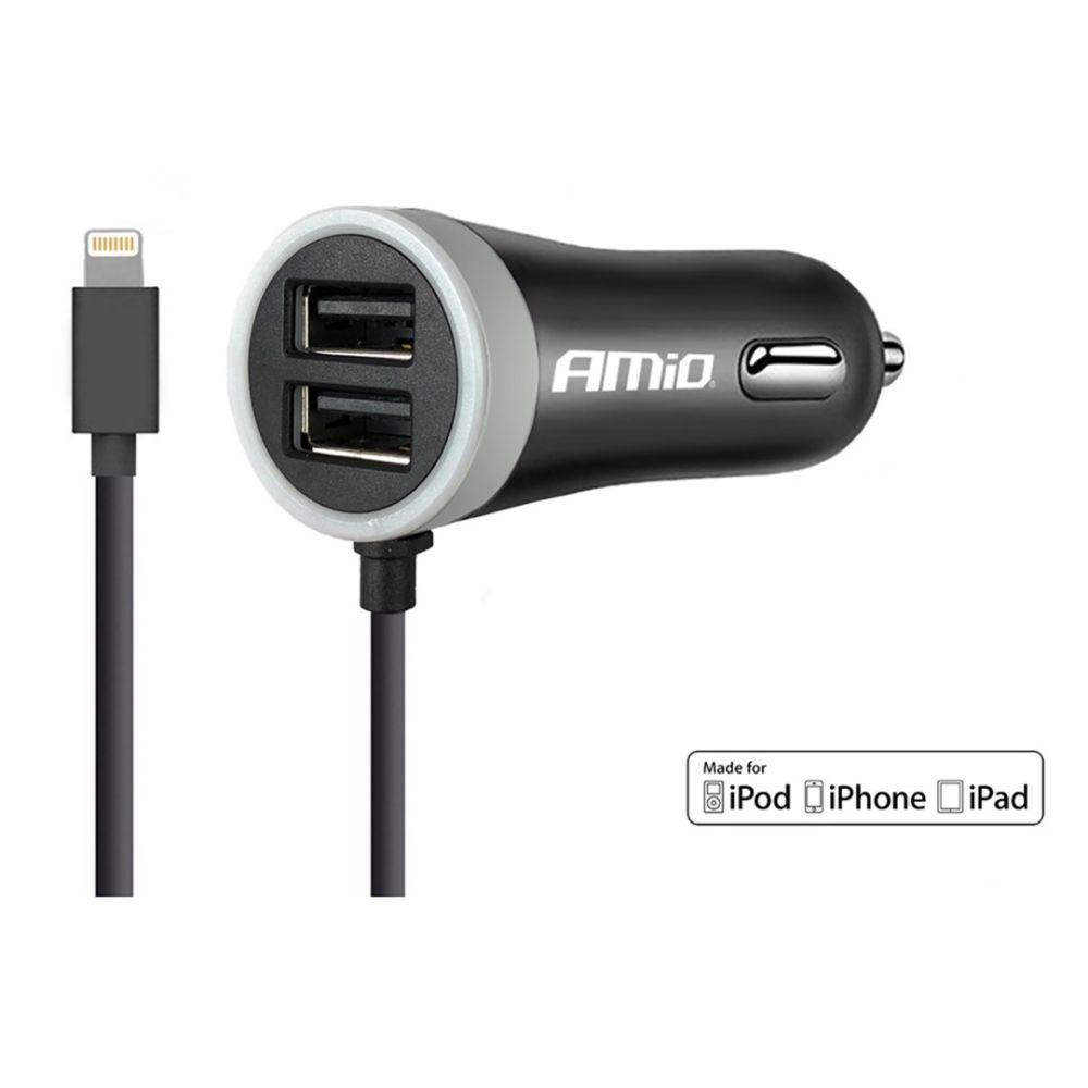Amio - Φορτιστής Αναπτήρα 12-24V 2.4A με 2 θύρες USB και καλώδιο Lightning για ταυτόχρονη φόρτιση συσκευών με σταθερή παροχή ρεύματος σε αυτοκίνητα και επαγγελματικά οχήματα - 1 Τεμ. (02057/AM)