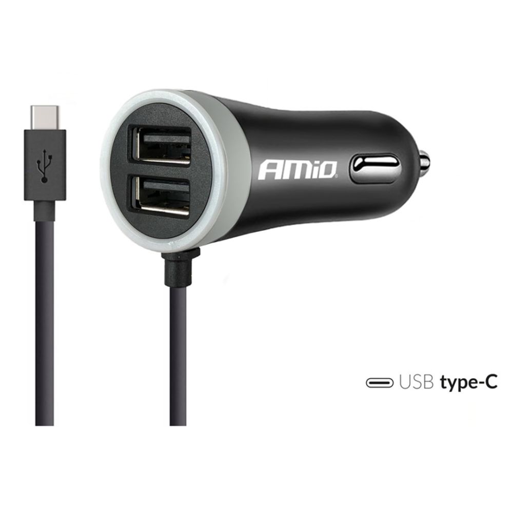 Amio - Φορτιστής Αναπτήρα 12-24V 2.4A με 2 θύρες USB και καλώδιο Type-C για ταυτόχρονη φόρτιση συσκευών με σταθερή παροχή ρεύματος σε αυτοκίνητα και επαγγελματικά οχήματα - 1 Τεμ. (02058/AM)