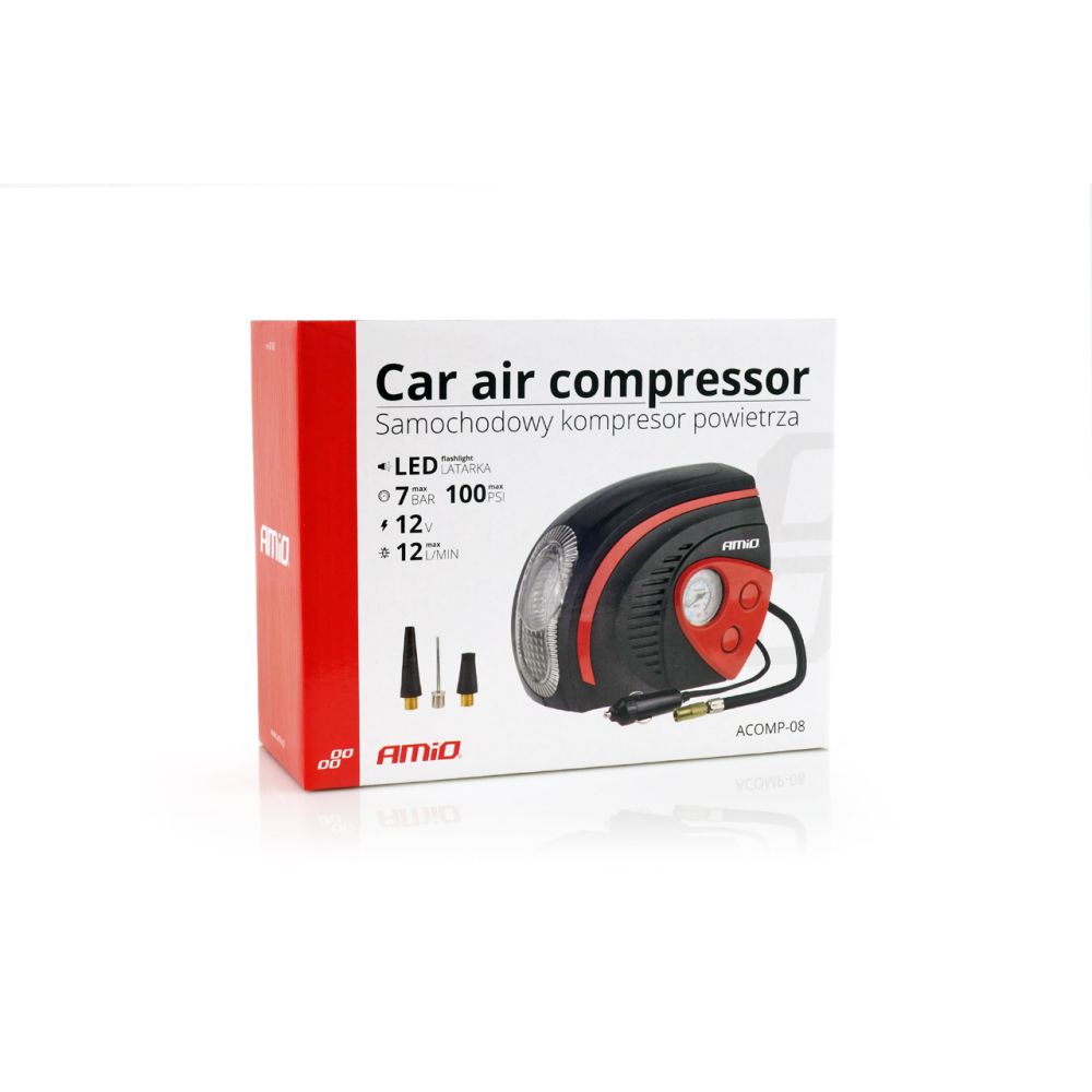 Amio - ΚΟΜΠΡΕΣΕΡ ΑΕΡΑ ΕΛΑΣΤΙΚΩΝ 12V 100psi 7bar ΜΕ ΦΙΣ ΑΝΑΠΤΗΡΑ & LED ΦΑΚΟ - 1 τεμ. (02182/AM)