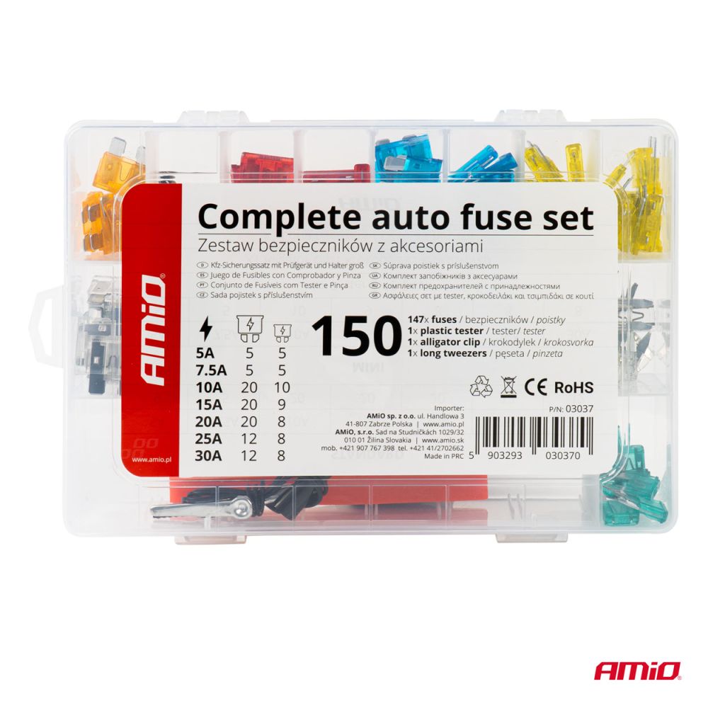 Amio - ΑΣΦΑΛΕΙΕΣ STANDARD/MICRO ΜΕ ΔΟΚΙΜΑΣΤΙΚΟ ΚΑΤΣΑΒΙΔΙ 6-24V & ΕΡΓΑΛΕΙΟ ΑΦΑΙΡΕΣΗΣ SET - 150 ΤΕΜ. (03037/AM)