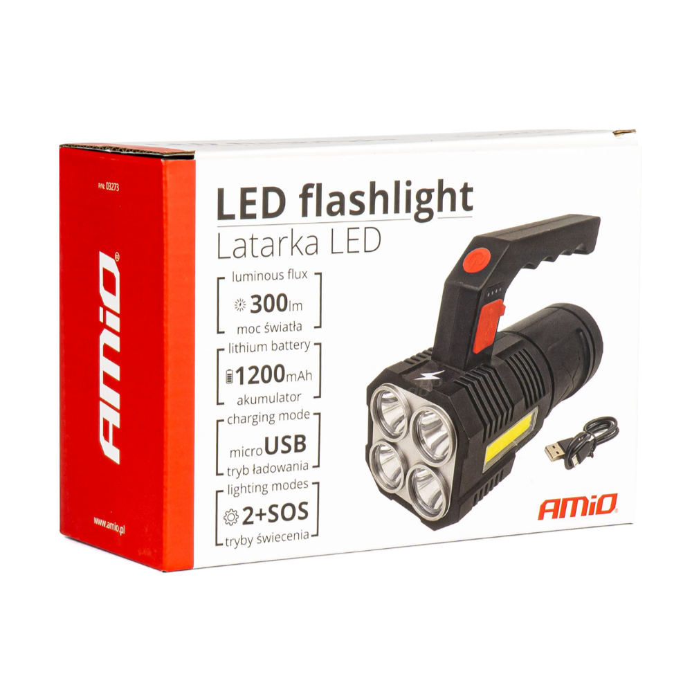 Amio - ΦΑΚΟΣ ΧΕΙΡΟΣ 4LED+1COB 1.200mAh 300lm microUSB ΕΠΑΝΑΦΟΡΤΙΖΟΜΕΝΟΣ - 1 TEM. (03273/AM)