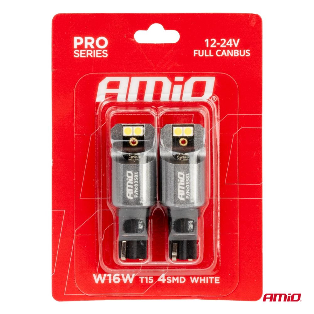Amio - ΛΑΜΠΕΣ T15 W16W 12/24V 6.000K 4xSMD LED FULL CAN-BUS ΛΕΥΚΟ 3030 PRO SERIES - 2 ΤΕΜ. (03581/AM)