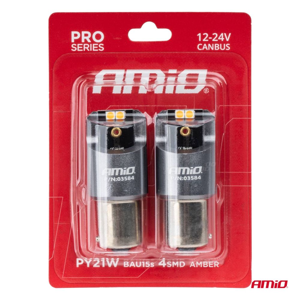 ΠΡΟΣΦΟΡΑ Amio - ΛΑΜΠΕΣ LED CAN-BUS PΥ21W BAU15S 12/24V 6.000K 4xSMD ΠΟΡΤΟΚΑΛΙ PRO SERIES - 2 ΤΕΜ. (03584/AM)