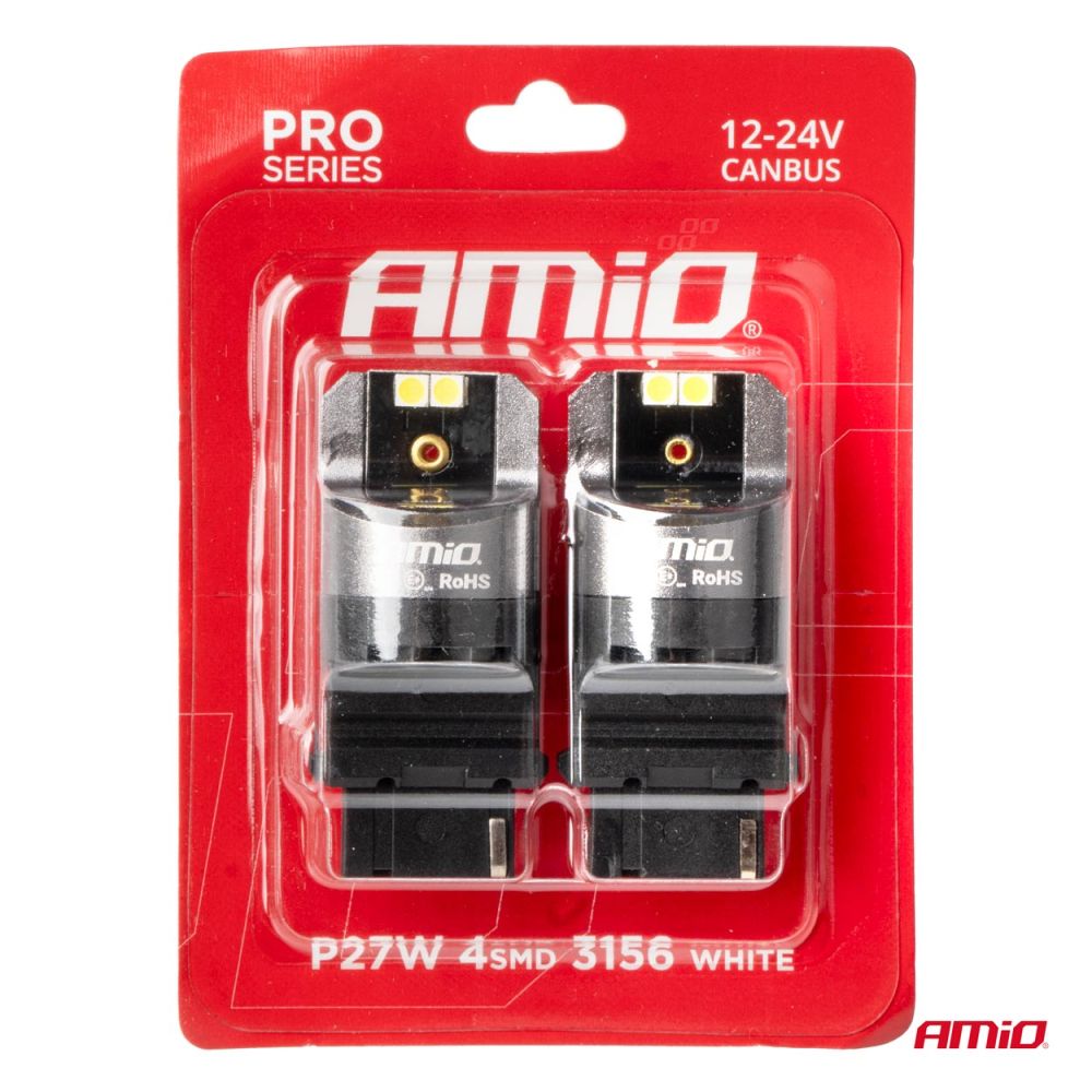 Amio - ΛΑΜΠΕΣ P27W 12/24V 6.000K 4SMD LED CAN-BUS ΛΕΥΚΑ PRO SERIES - 2 ΤΕΜ. (03587/AM)