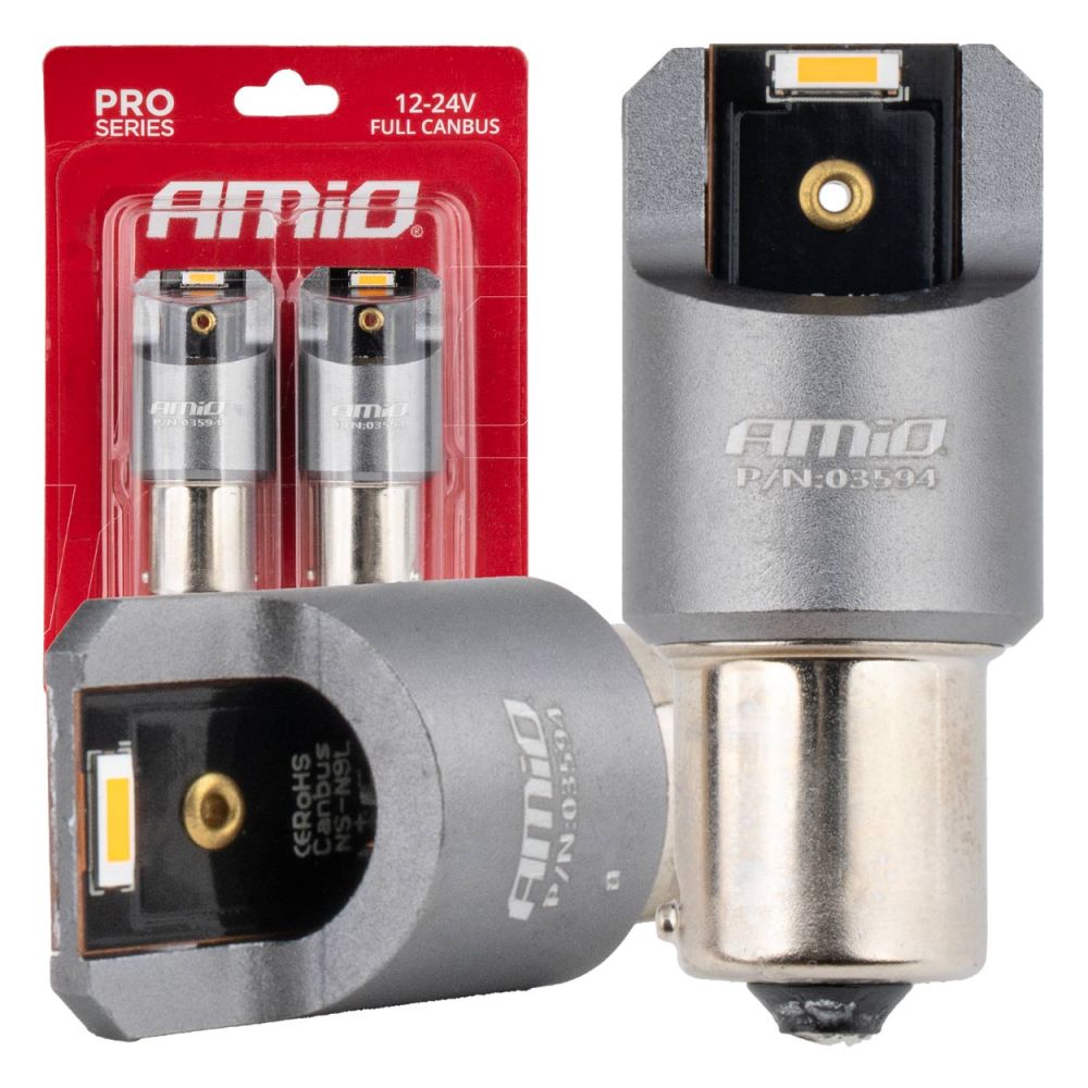 Amio - ΛΑΜΠΑΚΙΑ PY21W BAU15s 12/24V 6.000K 2xSMD LED FULL CAN-BUS ΠΟΡΤΟΚΑΛΙ PRO SERIES - 2 Τεμ. (03594/AM)