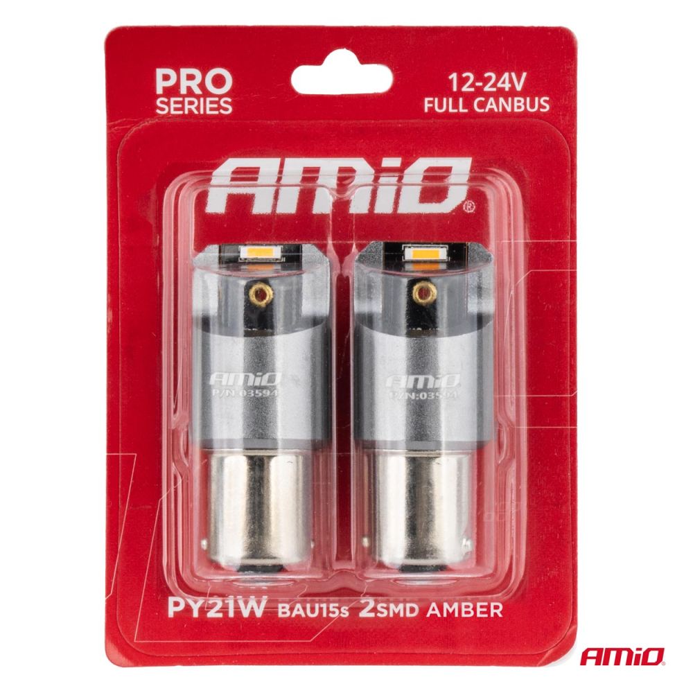 Amio - ΛΑΜΠΑΚΙΑ PY21W BAU15s 12/24V 6.000K 2xSMD LED FULL CAN-BUS ΠΟΡΤΟΚΑΛΙ PRO SERIES - 2 Τεμ. (03594/AM)