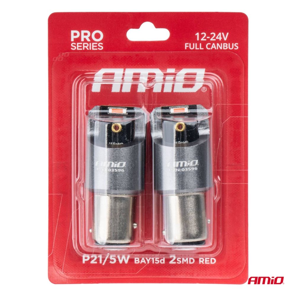 Amio - ΛΑΜΠΑΚΙΑ P21/5W BAY15d 12/24V 6.000K 2xSMD LED FULL CAN-BUS ΚΟΚΚΙΝΟ PRO SERIES - 2 Τεμ. (03596/AM)