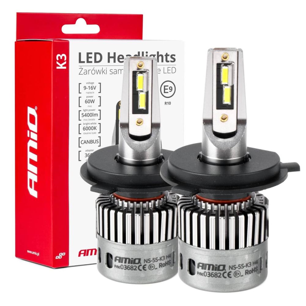 Amio - ΛΑΜΠΕΣ H4 9>16V 6.000K 5.400lm 60W K3 SERIES LED CAN-BUS (ΜΕ ΨΥΚΤΡΑ) - 2 Τεμ. (03682/AM)