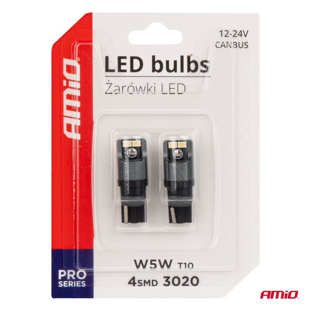 Amio - ΛΑΜΠΑΚΙΑ LED T10 W5W W10W 12/24V LED 4xSMD3020 CAN-BUS ΛΕΥΚΟ - 2 ΤΕΜ. (03717/AM)