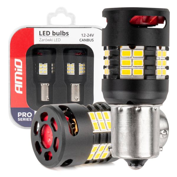 Amio - Λάμπες LED P21W βάση BA15S τύπου Pro Series τάση λειτουργίας 12/24V με 24x3020 SMD Can-bus λευκό για Επιβατικά Αυτοκίνητα και Φορτηγά - 2 τεμ. (03721/AM)