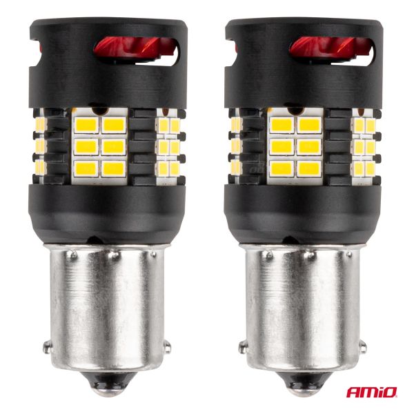 Amio - Λάμπες LED P21W βάση BA15S τύπου Pro Series τάση λειτουργίας 12/24V με 24x3020 SMD Can-bus λευκό για Επιβατικά Αυτοκίνητα και Φορτηγά - 2 τεμ. (03721/AM)