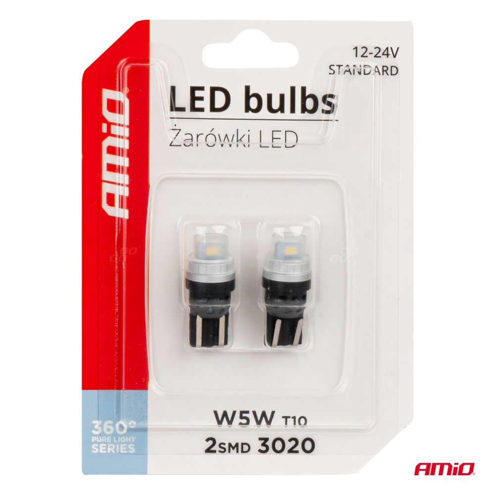 Amio - ΛΑΜΠΑΚΙΑ T10 W5W 12/24V 2x3020 SMD LED ΛΕΥΚΟ PURE LIGHT SERIES - 2 Τεμ. (03726/AM)