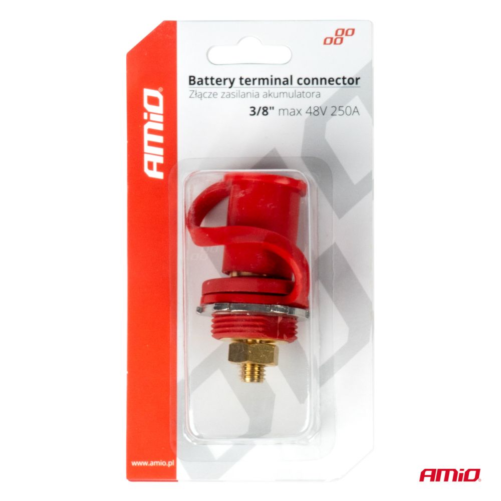 Amio - ΠΟΛΟΣ ΜΠΑΤΑΡΙΑΣ ΘΕΤΙΚΟΣ 3/8'' M10 max.48V 250A ΣΕ ΚΟΚΚΙΝΟ ΧΡΩΜΑ ΜΕ ΚΑΠΑΚΙ - 1 Τεμ. (03814/AM)