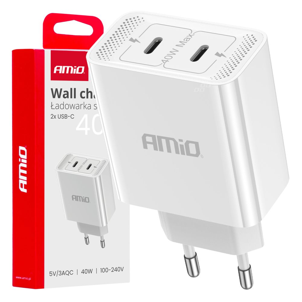 Amio - ΦΟΡΤΙΣΤΗΣ ΚΙΝΗΤΟY ΟΙΚΙΑΚΗ ΠΡΙΖΑ 2ΘΥΡΕΣ 2xUSB-C 40W 5V/3AQC ΛΕΥΚΟΣ - 1 ΤΕΜ. (03892/AM)