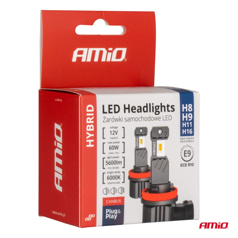 Amio - ΛΑΜΠΕΣ LED H8/H9/H11/H16 12V 60W 6.000K 5.600lm +400% LED CAN-BUS HYBRID SERIES - 2 ΤΕΜ. (04116/AM)