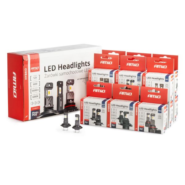 ΛΑΜΠΕΣ LED H1/H3/H4(x3)/H7(x9)/HB3/HB4 12V 60W 6.000K 5.600lm LED CAN-BUS HYBRID SERIES AMIO - ΣΕΤ 16 ΤΕΜ.