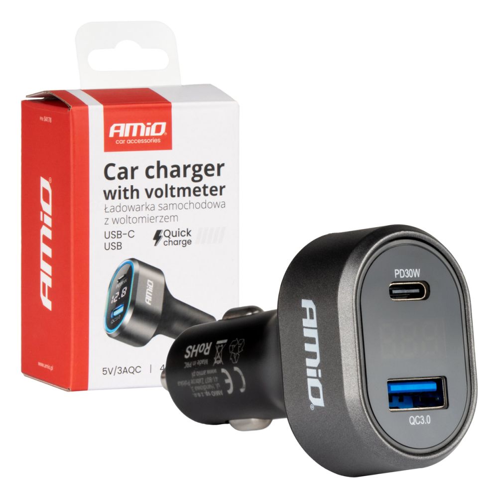 Amio - ΦΟΡΤΙΣΤΗΣ ΑΝΑΠΤΗΡΑ ΜΕ 2 ΘΥΡΕΣ USB-C+USB-A QUICK CHARGE 3.0 30W ΜΕ ΒΟΛΤΟΜΕΤΡΟ ΜΑΥΡΟ - 1 Τεμ. (04178/AM)