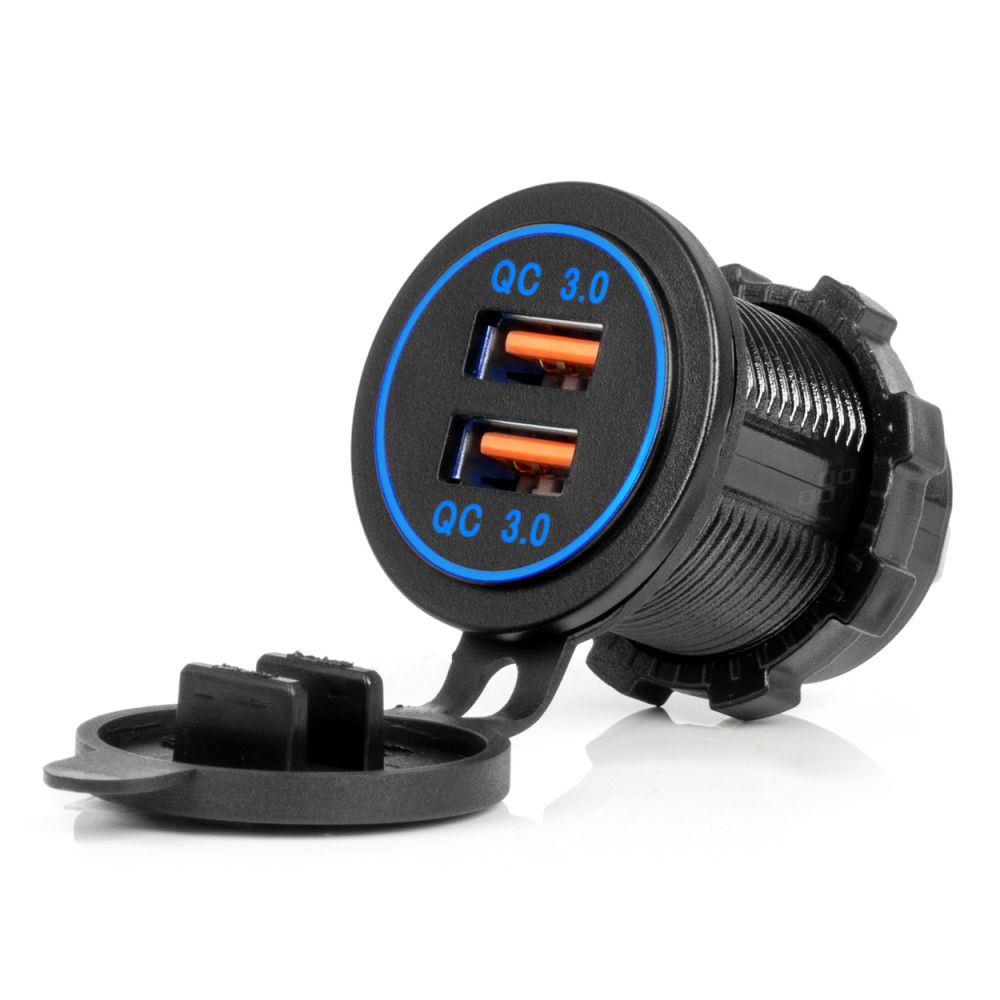 Amio - ΠΡΙΖΑ ΜΕ 2 ΘΥΡΕΣ USB ΚΑΙ ΚΑΠΑΚΙ 12/24V QUICK CHARGE 3.0 ΑΔΙΑΒΡΟΧΗ ΜΕ ΜΠΛΕ LED ΦΩΣ ΜΑΥΡΗ - 1 ΤΕΜ. (04218/AM)