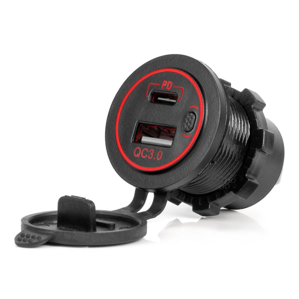 Amio - ΠΡΙΖΑ ΜΕ 2 ΘΥΡΕΣ USB ΚΑΙ ΚΑΠΑΚΙ 12/24V QUICK CHARGE 3.0 ΑΔΙΑΒΡΟΧΗ ΜΕ ΚΟΚΚΙΝΟ LED ΦΩΣ ΜΑΥΡΗ - 1 τεμ. (04221/AM)