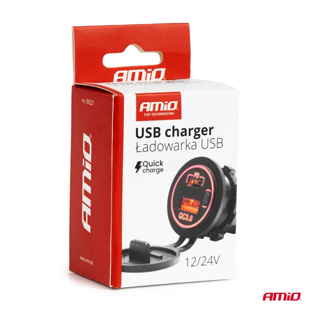 Amio - ΠΡΙΖΑ ΜΕ 2 ΘΥΡΕΣ USB ΚΑΙ ΚΑΠΑΚΙ 12/24V QUICK CHARGE 3.0 ΑΔΙΑΒΡΟΧΗ ΜΕ ΚΟΚΚΙΝΟ LED ΦΩΣ ΜΑΥΡΗ - 1 τεμ. (04221/AM)