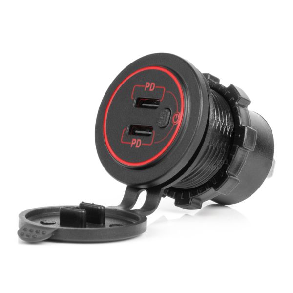 ΠΡΙΖΑ ΜΕ 2 ΘΥΡΕΣ USB-C ΜΕ ΔΙΑΚΟΠΤΗ ΚΑΙ ΚΑΠΑΚΙ 12/24V ΑΔΙΑΒΡΟΧΗ ΜΕ ΚΟΚΚΙΝΟ LED ΦΩΣ ΜΑΥΡΗ AMIO - 1 Τεμ.