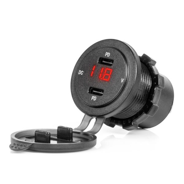 ΠΡΙΖΑ ΜΕ 2 ΘΥΡΕΣ USB-C ΚΑΙ ΨΗΦΙΑΚΟ ΒΟΛΤΟΜΕΤΡΟ ΜΕ ΚΑΠΑΚΙ 12/24V ΑΔΙΑΒΡΟΧΗ ΜΕ ΚΟΚΚΙΝΗ LED ΕΝΔΕΙΞΗ ΜΑΥΡΗ AMIO - 1 Τεμ.