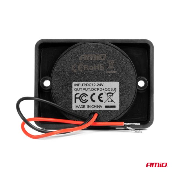 ΠΡΙΖΑ ΜΕ 2 ΘΥΡΕΣ-USB+USB-C ΚΑΙ ΚΑΠΑΚΙ 12/24V QUICK CHARGE 3.0 ΑΔΙΑΒΡΟΧΗ ΤΕΤΡΑΓΩΝΟ ΣΧΗΜΑ ΜΑΥΡΗ AMIO - 1 Τεμ.