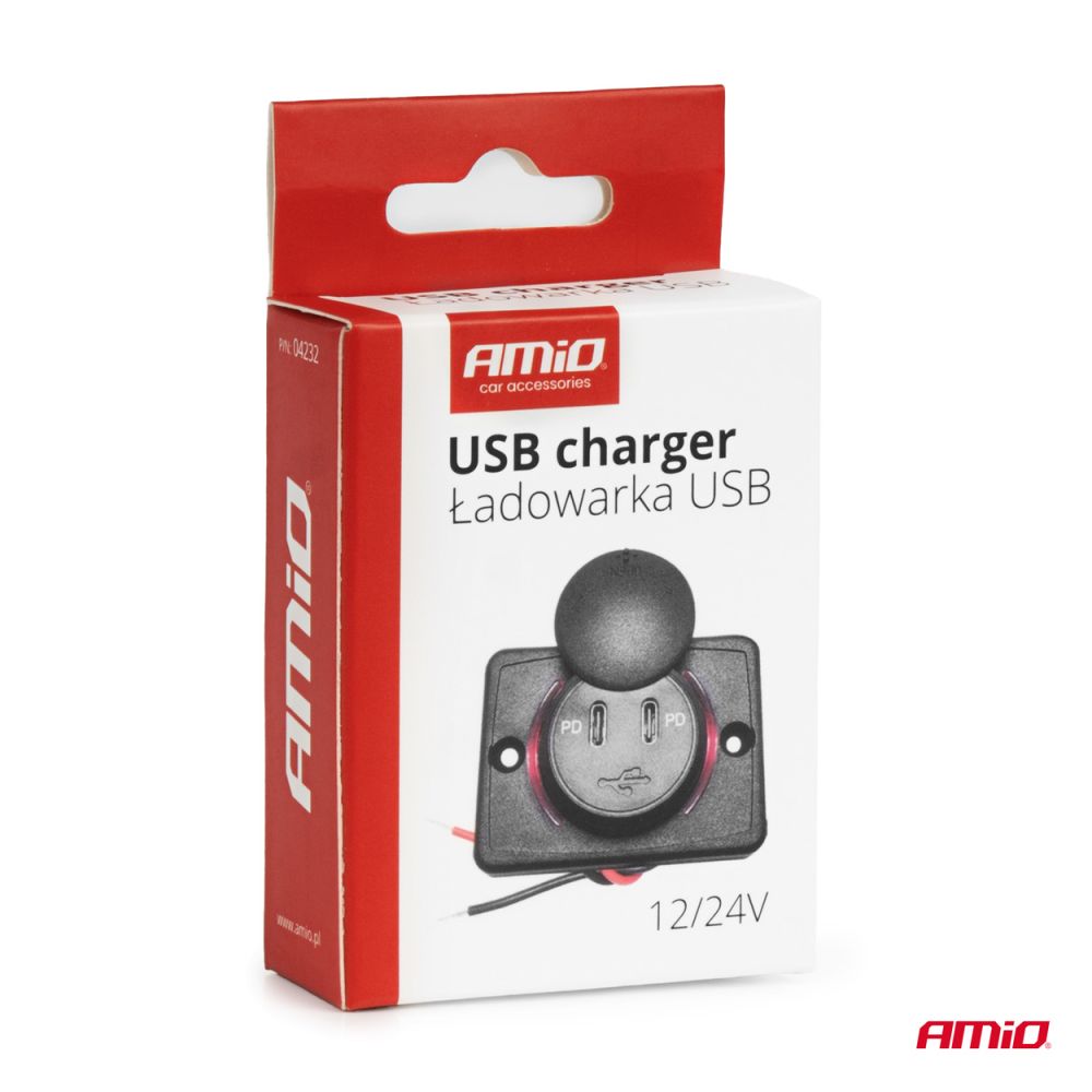 Amio - ΠΡΙΖΑ ΜΕ 2 ΘΥΡΕΣ USB ΚΑΙ ΚΑΠΑΚΙ 12/24V ΑΔΙΑΒΡΟΧΗ ΤΕΤΡΑΓΩΝΟ ΣΧΗΜΑ ΜΕ ΚΟΚΚΙΝΟ LED ΦΩΣ ΜΑΥΡΗ - 1 Τεμ. (04232/AM)
