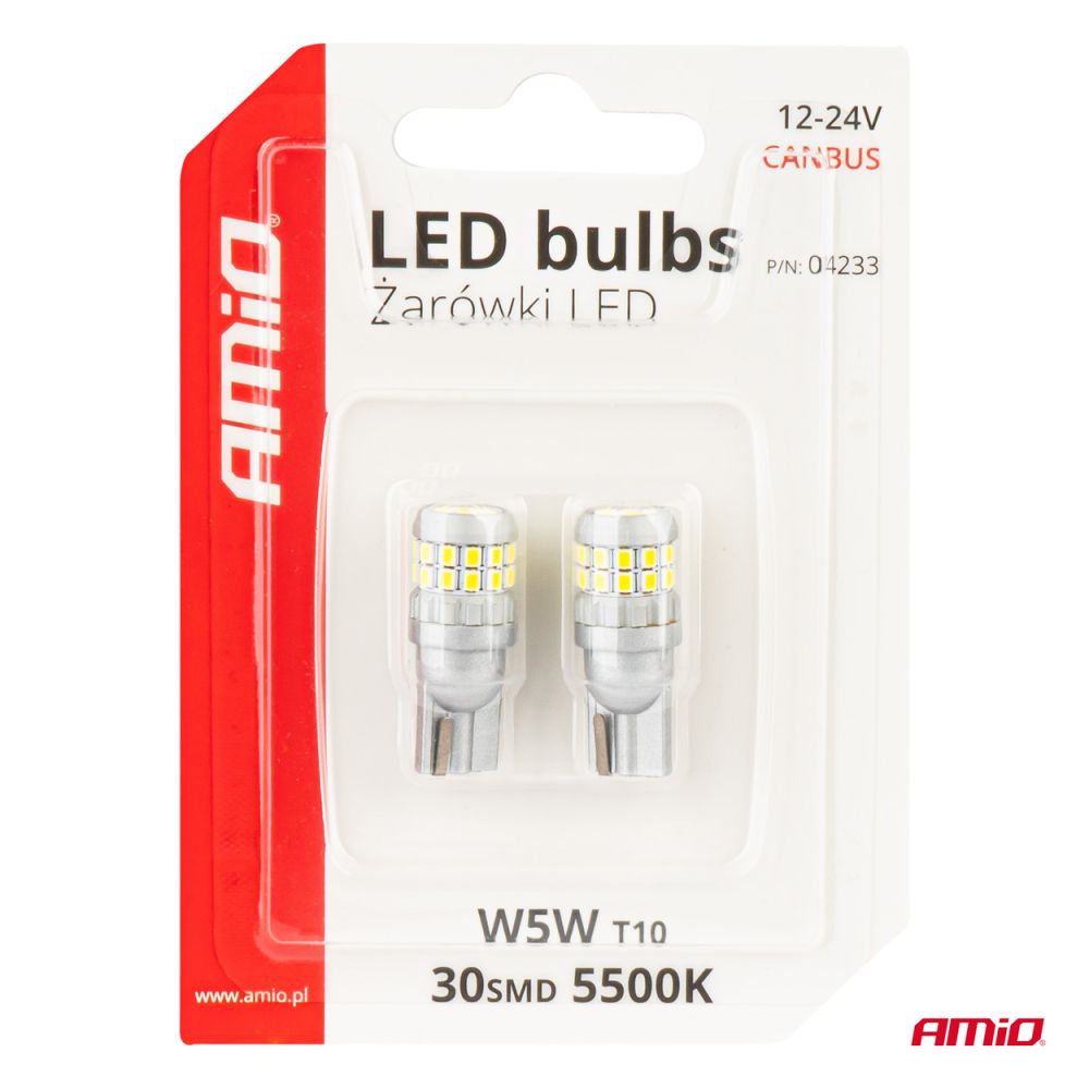 Amio - ΛΑΜΠΑΚΙΑ T10 W5W 12V/24V LED CAN-BUS 30xSMD 2016 ΛΕΥΚΟ 5500K - 2 ΤΕΜ. (04233/AM)