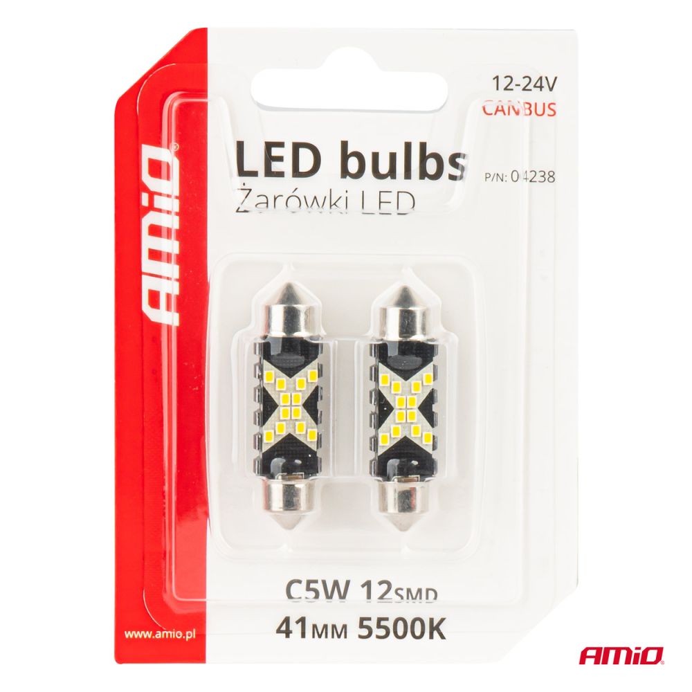 Amio - ΛΑΜΠΑΚΙΑ ΠΛΑΦΟΝΙΕΡΑΣ 41mm 12/24V C5W 5500K 12xSMD 2016 CAN-BUS FESTOON (ΛΕΥΚΟ) - 2 ΤΕΜ. (04238/AM)