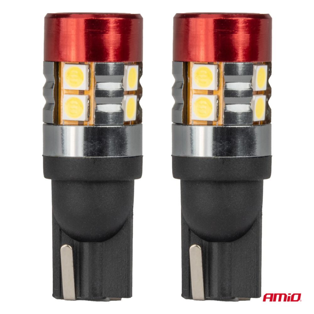Amio - Λαμπάκια LED CAN Bus Αυτοκινήτου & Φορτηγού τύπου T10 W5W με τάση λειτουργίας 12V/24V 9xSMD 3030 με Λευκό Χρώμα Απόχρωσης 5.500k (Σε χρώμα Κόκκινο-Μαύρο) - 2 Τεμ. (04242/AM)