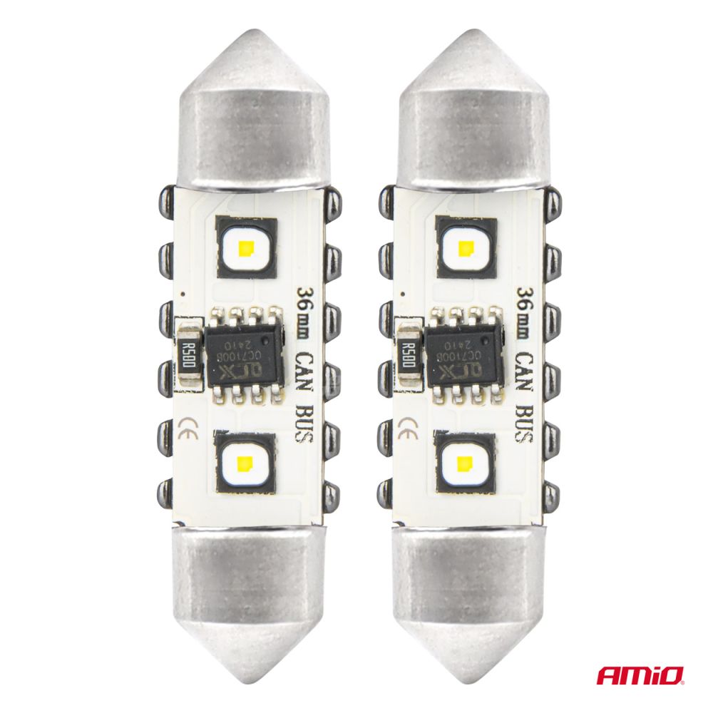 Amio - ΛΑΜΠΑΚΙΑ ΠΛΑΦΟΝΙΕΡΑΣ 36mm 12/24V C5W 5500K 12xSMD 3838 CAN-BUS FESTOON (ΛΕΥΚΟ) - 2 ΤΕΜ. (04248/AM)