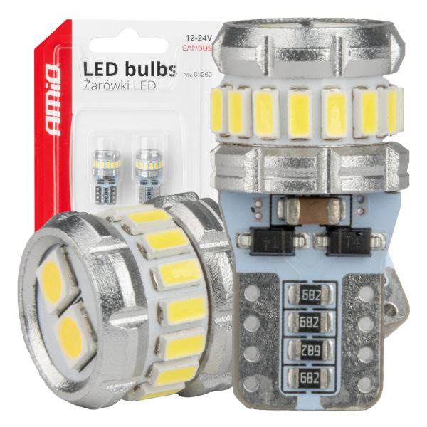 Amio - Λάμπα LED CANBUS T10 (W5W) 16SMD 3014 + 2SMD 3030 Λευκή 6000K 12V/24V για Φώτα Θέσης, Πινακίδας & Εσωτερικού - 2τεμ. (04260/AM)