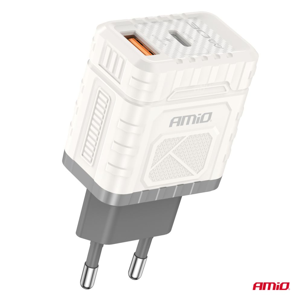 Amio - ΦΟΡΤΙΣΤΗΣ ΜΕ ΟΙΚΙΑΚΗ ΠΡΙΖΑ ΜΕ 2 ΘΥΡΕΣ USB-A+USB-C 30W 100-240V ΛΕΥΚΟ - 1 Τεμ. (04286/AM)