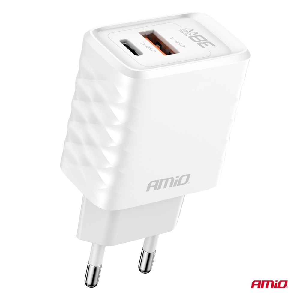 Amio - ΦΟΡΤΙΣΤΗΣ ΜΕ ΟΙΚΙΑΚΗ ΠΡΙΖΑ ΜΕ 2 ΘΥΡΕΣ USB-A+USB-C 38W 100-240V ΛΕΥΚΟ - 1 Τεμ. (04287/AM)