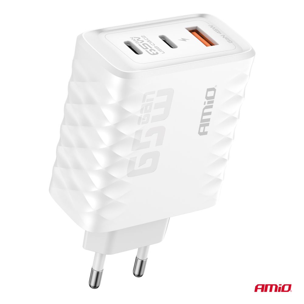 Amio - ΦΟΡΤΙΣΤΗΣ ΜΕ ΟΙΚΙΑΚΗ ΠΡΙΖΑ ΜΕ 3 ΘΥΡΕΣ 2xUSB-C+USB-A 65W 100-240V ΛΕΥΚΟ - 1 Τεμ. (04289/AM)