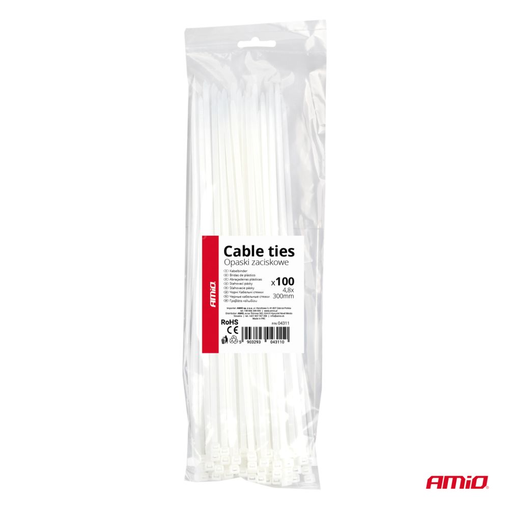 Amio - ΔΕΜΑΤΙΚΑ/ΔΕΤΙΚΑ ΚΑΛΩΔΙΩΝ TIE WRAP (ΤΑΙΡΑΠ) 4.8 x 300mm (ΛΕΥΚΟ) - 100 ΤΕΜ. (04311/AM)
