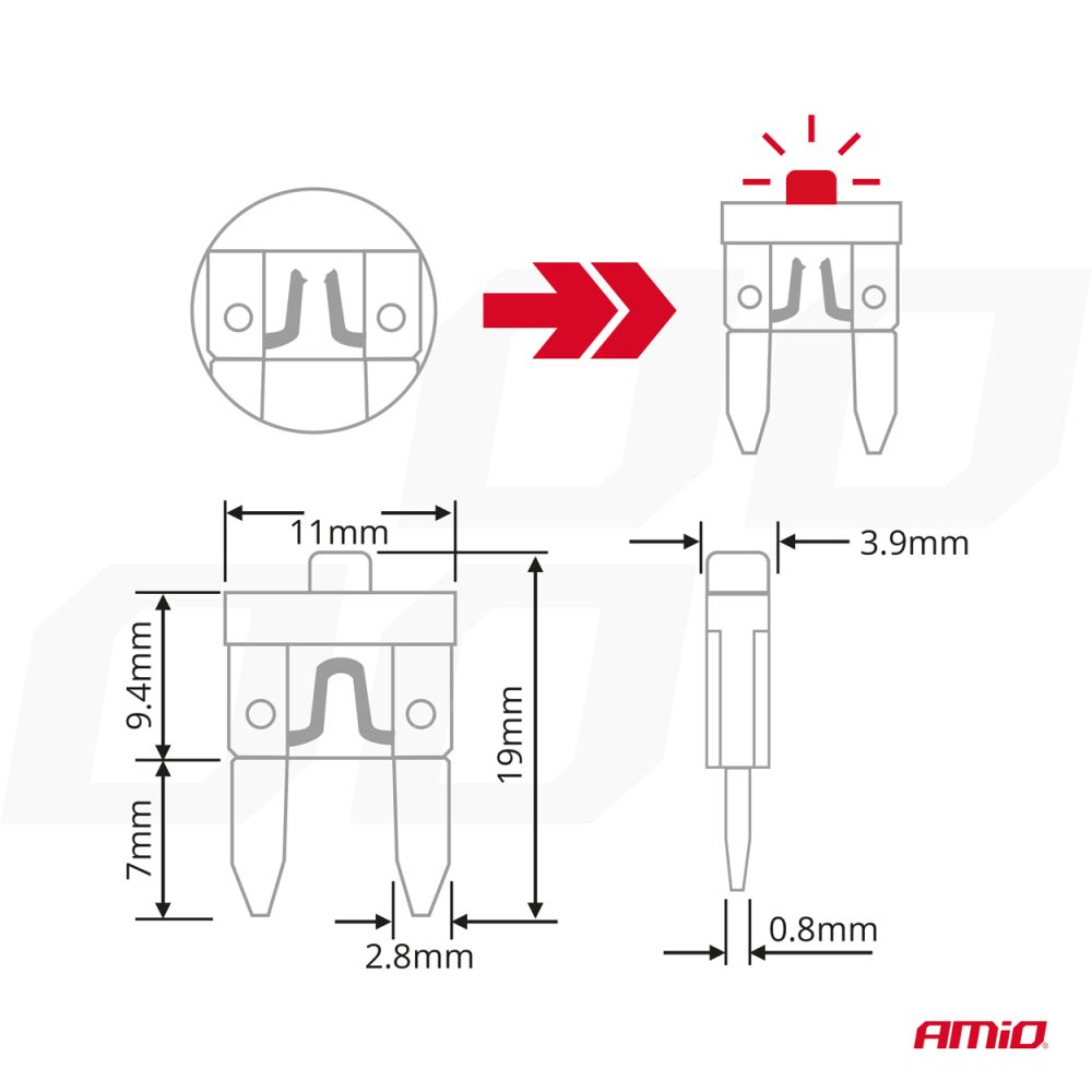 Amio - Ασφάλειες Mini Blade (Μαχαιρωτές) με LED Ένδειξη Καμένης Ασφάλειας & Εργαλείο Αφαίρεσης για Άμεσο Έλεγχο Ηλεκτρικού Κυκλώματος OE - 10 Τεμ. (04340/AM)