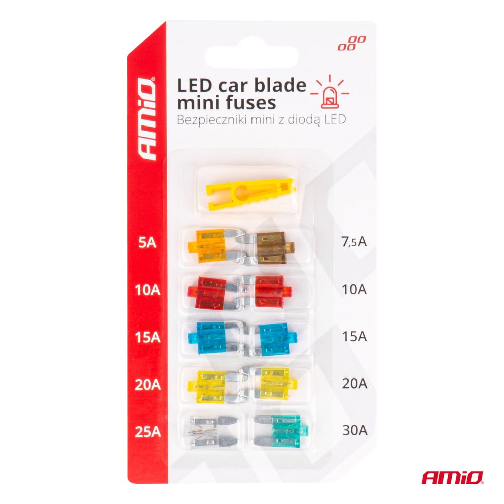 Amio - Ασφάλειες Mini Blade (Μαχαιρωτές) με LED Ένδειξη Καμένης Ασφάλειας & Εργαλείο Αφαίρεσης για Άμεσο Έλεγχο Ηλεκτρικού Κυκλώματος OE - 10 Τεμ. (04340/AM)